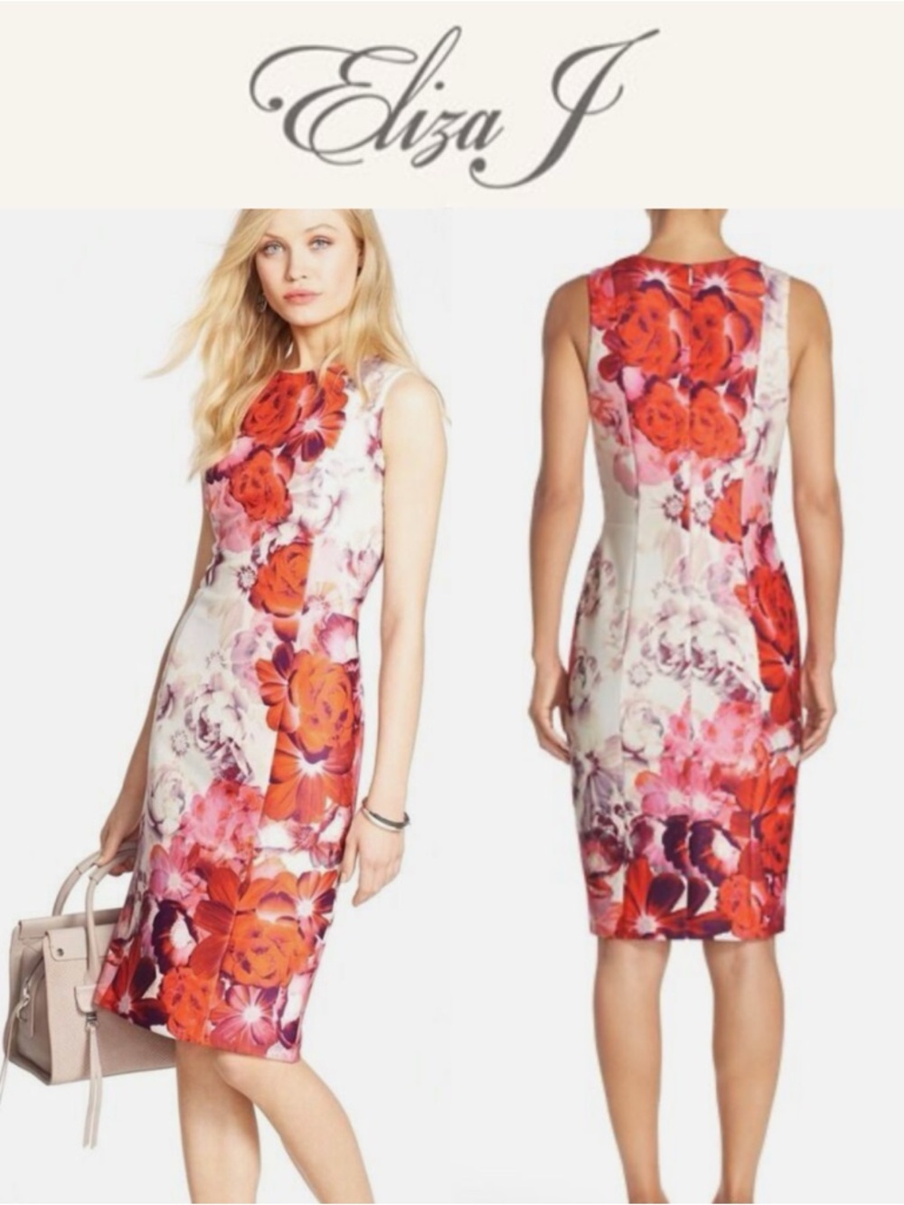 ELIZA J FLORAL SCUBA SHEATH DRESS IVORY RED PINK SLEEVELESS KNEE LENGTH SIZE 8